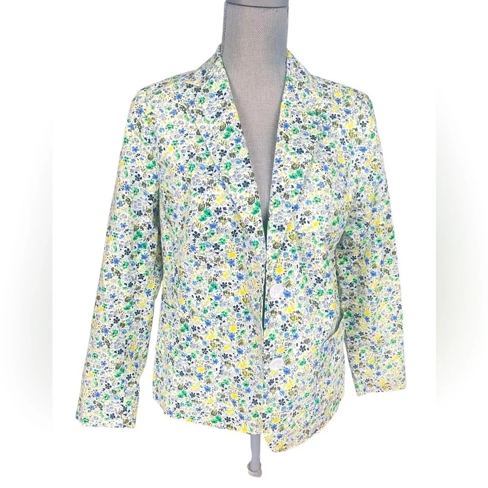 Talbots White and Blue Floral Blazer with Notched Lapel